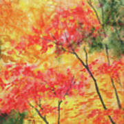 Red Yellow Green Autumn Trees Watercolor Art Print