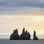 Reynisdrangar Basalt Sea Stacks Sunset In Iceland Art Print