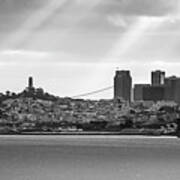 San Francisco Skyline And Oakland Bay Bridge Panorama - Black And White Art Print