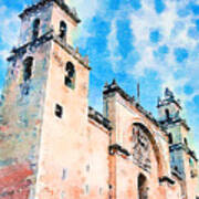 San Ildefonso Cathedral Merida Watercolor Art Print