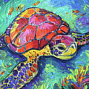 Sea Turtle Underwater Iii Commissioned Palette Knife Oil Painting Mona Edulesco Art Print