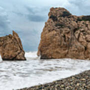 Seascapes With Windy Waves. Rock Of Aphrodite Paphos Cyprus Art Print