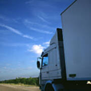 Semi-truck On Highway, Partial View, Road And Blue Sky In Background Art Print