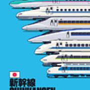 Shinkansen Bullet Train Evolution - Cyan Art Print