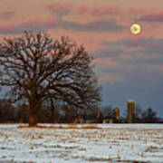Silo And Snow Moon With Oak In Corn Stubble Art Print