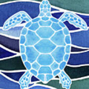 Sky Blue Giant Turtle In Batik Waves Watercolor Art Print