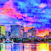 Skyline Of Downtown Orlando, Florida, Seen At Sunset From Lake Eola - Ink And Watercolor Art Print