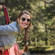 Smiling Young Woman Leaning Out Of Jeep Art Print