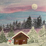 Snow Lady And Cabin Art Print