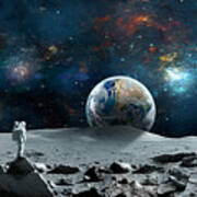 Space background. Astronaut standing on moon surface with earth Digital Art  by Tomas Novy - Pixels