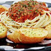 Spaghetti And Meat Sauce With Garlic Toast Pano Art Print