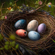 Springtime Nest, Photorealistic Easter Eggs Colored In Nature's Embrace Art Print