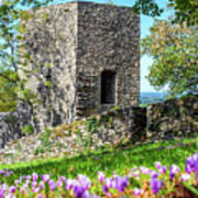 Square Stone Tower Along Medieval Rampart In Flowered Meadow Art Print