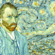 Starry Night In The Colors Of Van Gogh Self-portrait - Digital Recreation Art Print