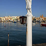 Statue Of Jesus At Sea Harbor In Malta Art Print