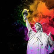 Statue Of Liberty With Colorful Rainbow Holi Paint Powder Explosion Isolated On Black Background Art Print