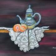 Still Life With Orange And Teapot On Lace Art Print