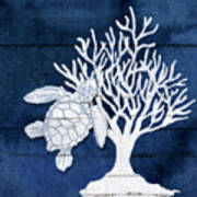 Summer Seas 8 Sea Turtle And Fan Coral Navy And White Art Print
