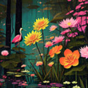 Swamp Magic Flowers Birds Black Water Lily Pads Art Print