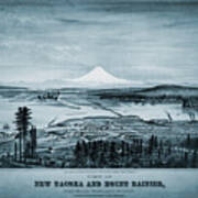 Tacoma And Mount Rainier Antique Map Birds Eye View 1878 Cool Blue Art Print