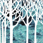 Teal Blue White Watercolor Forest Silhouette Cool Calm Decor Art Print