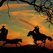 Team Roping Silhouetted Cowboys With Brilliant Sunset Art Print