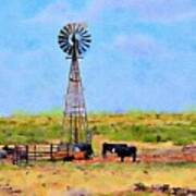 Texas Landscape Windmill And Cattle Art Print