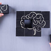 The Concept Of The Human Brain. Education, Science And Medical Concept.  Brain Drawn In Chalk On Black Cubes. Art Print