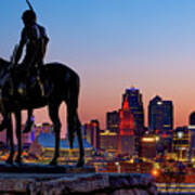 The Scout And The Kansas City Downtown Skyline At Dawn Art Print