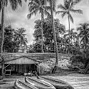 Three Canoes On The Beach In Black And White Art Print