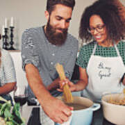 Three Friends Cooking Spaghetti Art Print