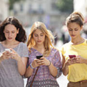 Three Girls With Their Mobile Phone Art Print