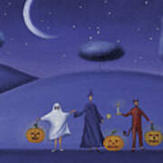 Three People Holding Hands Dresed In Halloween Costumes And Holding Pumpkins Art Print