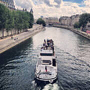 Tour Boat With Tourists On Seine River, Paris, France Art Print