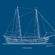 Trehantiri - Traditional Greek Sailing Boat - Blueprint Art Print
