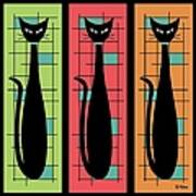 Trio Of Cats Green, Salmon And Orange On Black Art Print
