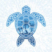 Tropical Island Sea Turtle Design In Blue Art Print