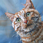 Tuna Time - Orange Cat Painting On Blue Art Print