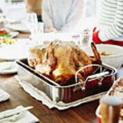 Turkey In Roasting Pan On Table For Holiday Meal Art Print