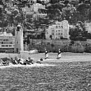 Twin Sailboats And Breakwater Lighthouse Nice Harbor French Riviera Black And White Art Print