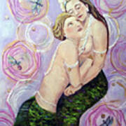 Two Mermaids In Pink By Linda Queally Art Print