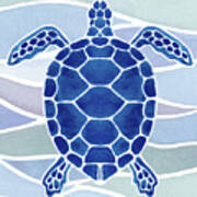 Ultramarine Blue Giant Turtle In Waves Watercolor Art Print