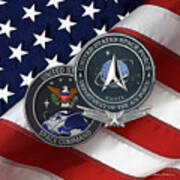 United States Space Force - Ussf And Usspacecom Seals With Afsb Over American Flag Art Print