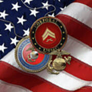 U.s. Marine Corporal Rank Insignia With Seal And Ega Over American Flag Art Print