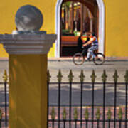 Valladolid Colors - Street Scene With Bicyclist And Yellow Architecture Art Print