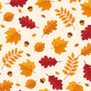 Vector Seamless Pattern Of Autumn Leaves And Acorns. Art Print