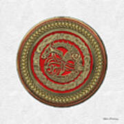Viking Protection Talisman - Norse Dragon In Gold On Red Over White Leather Art Print