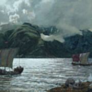 Viking Ship Under Sail At Sognefjorden, 1889 Art Print