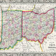 Vintage County Map Of Ohio And Indiana 1863 Art Print