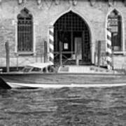 Vintage Runabout Boat And Striped Venetian Mooring Poles Grand Canal Venice Italy Black And White Art Print